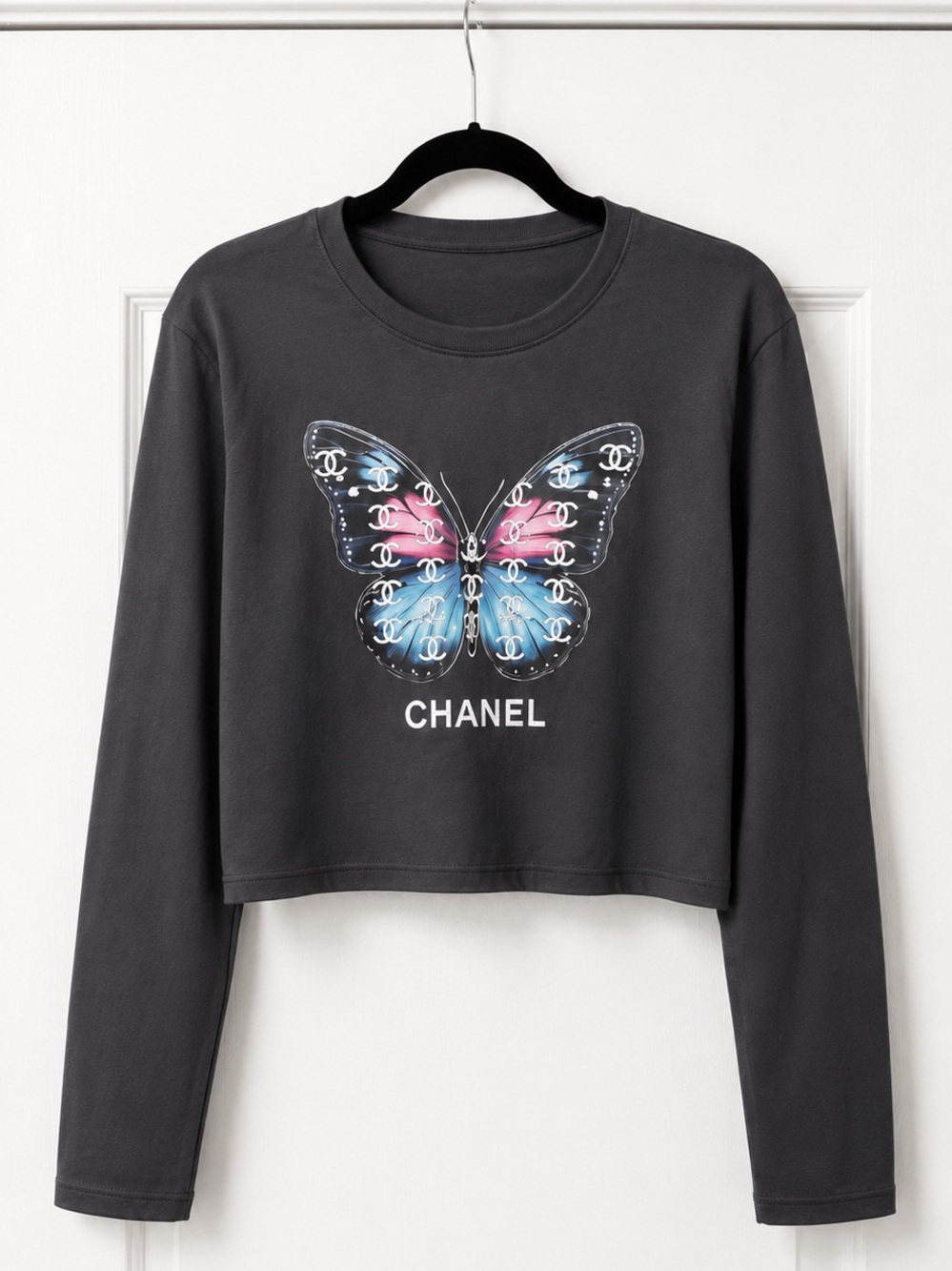 Dark Grey Cropped Top with Colorful Butterfly
